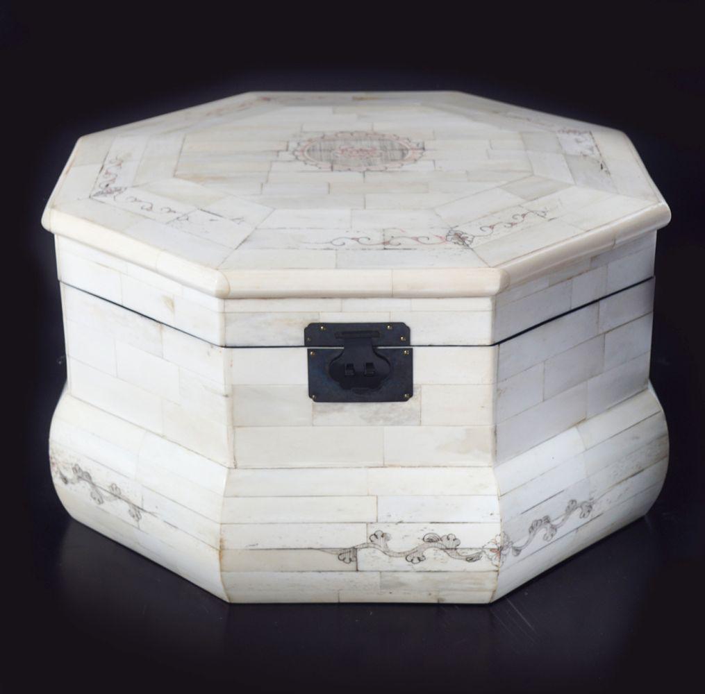 ISLAMIC STYLE JEWELLERY BOX: the ink engraved octagonal shaped top opening to a lined interior Provenance: Castlehyde House, Co. Cork, Ireland 25 cm. high; 33 cm. wide