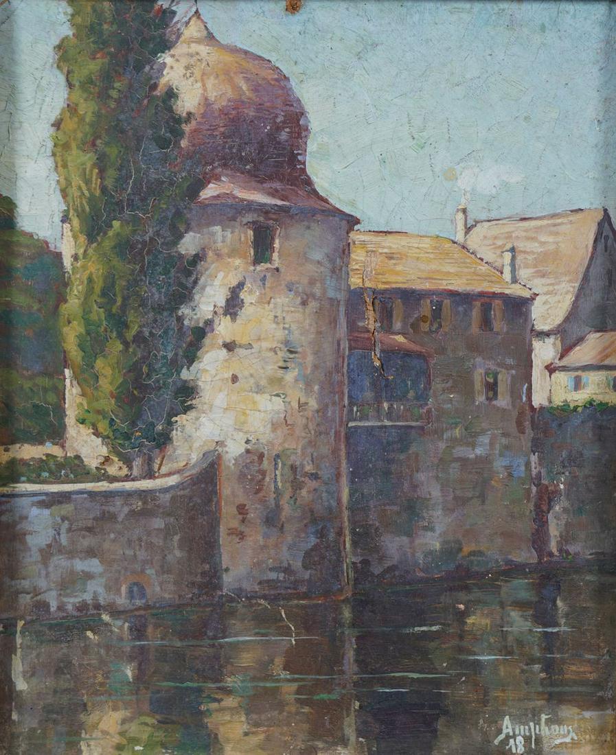 CONTINENTAL SCHOOL: Riverscape. Signed. Oil on board 26 x 21 cm. (approx.)