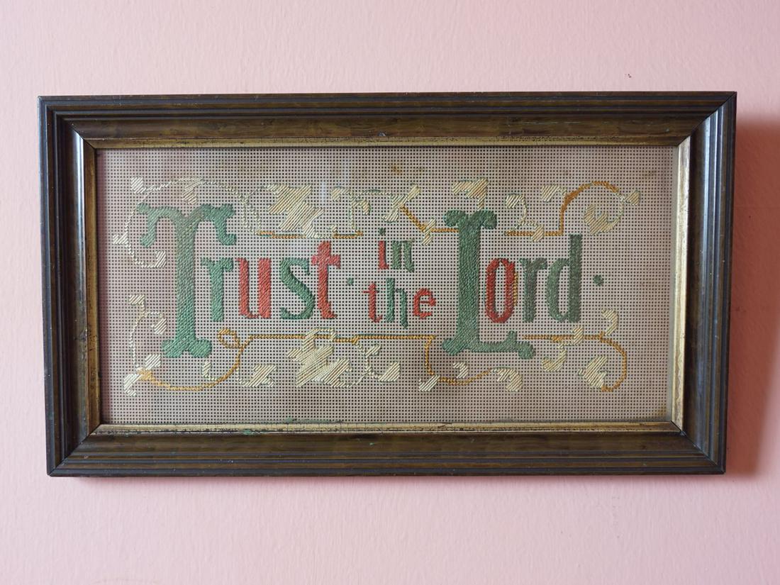 NINETEENTH-CENTURY SAMPLER: Trust in the Lord, framed 14 x 30