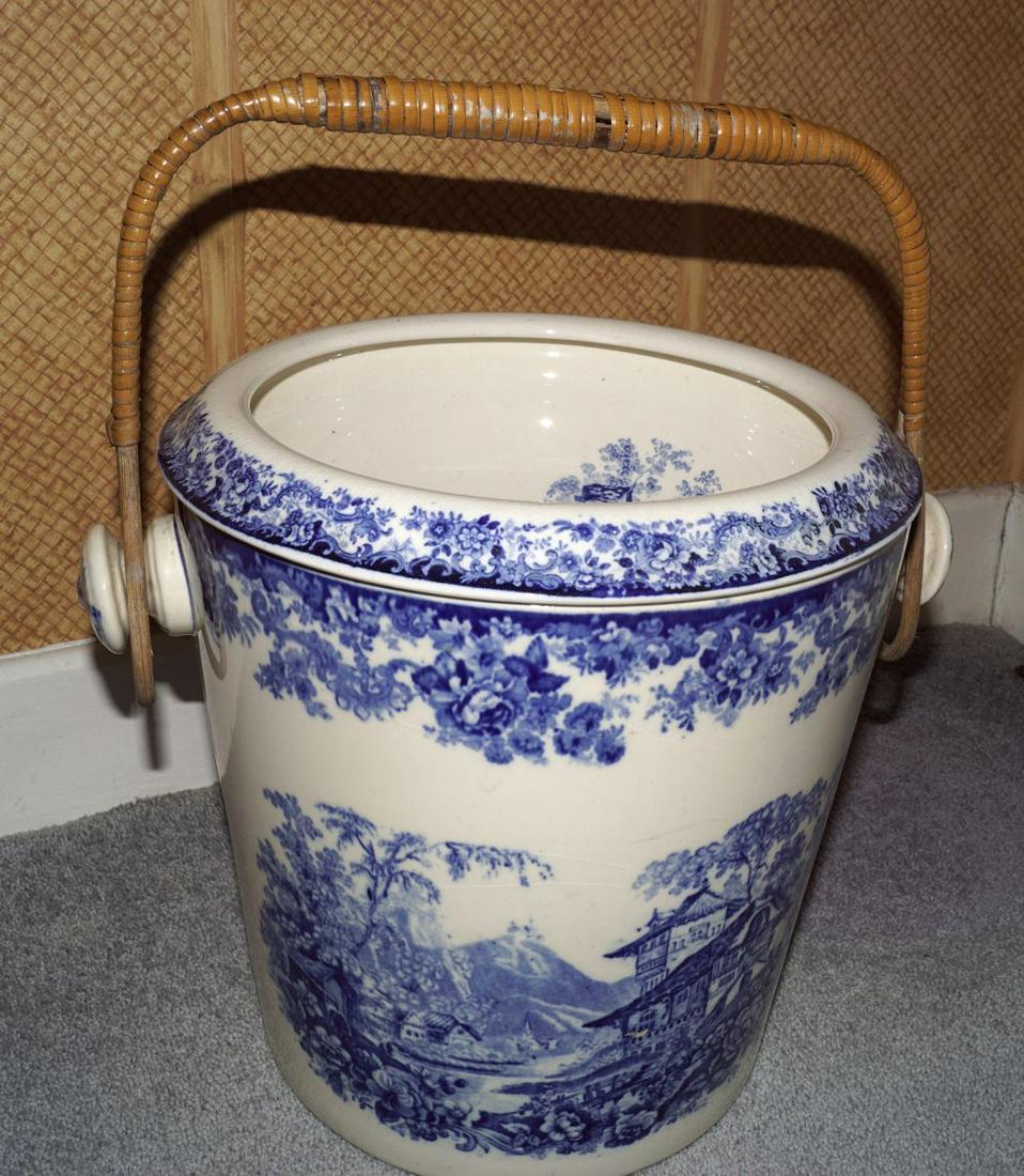 MINTON BLUE AND WHITE BUCKET: of tapered cylindrical form with pictorial transfer decoration. 28 cm. high