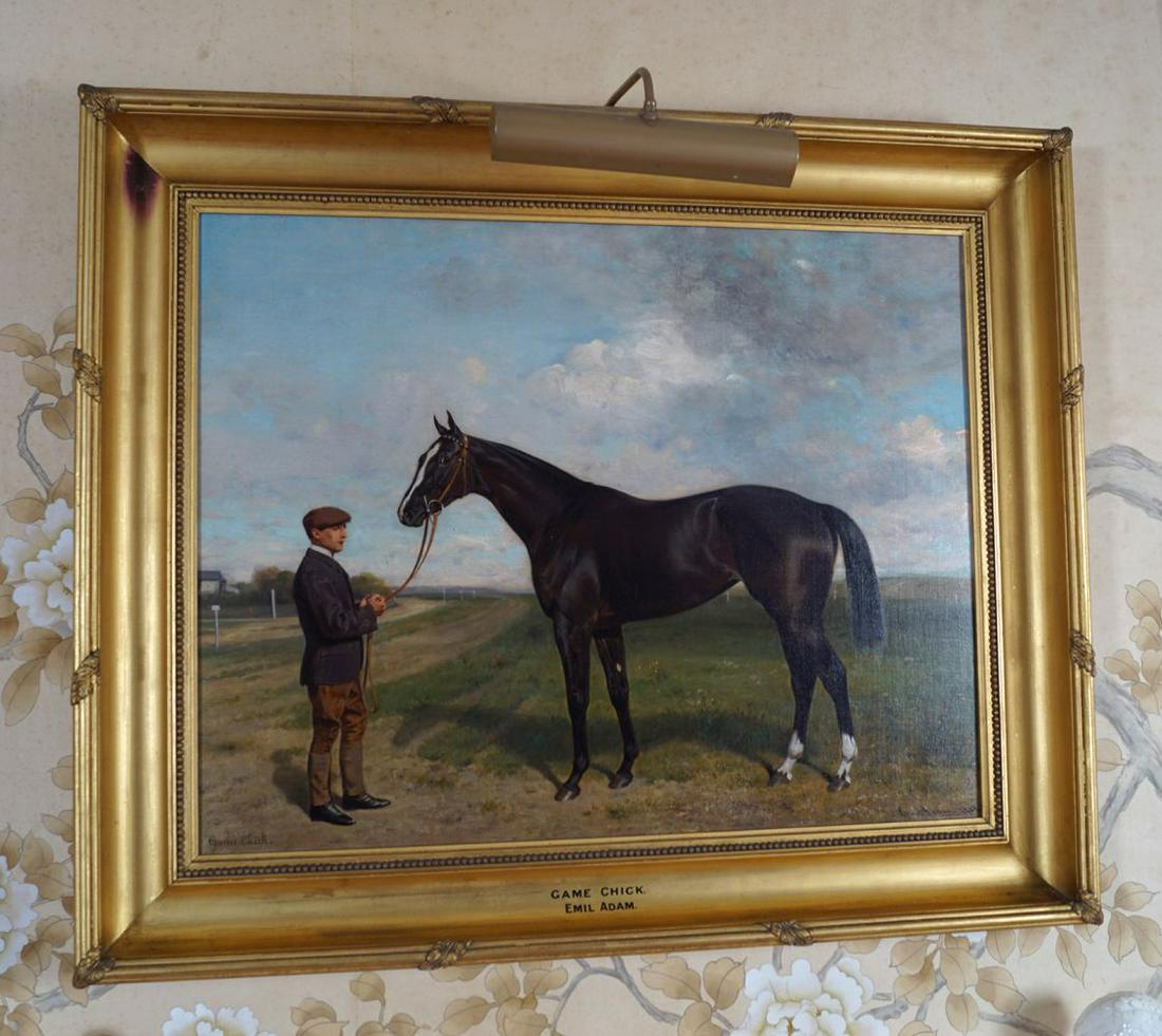 EMIL ADAM (1843-1924): Game Chick. Oil on canvas enclosed in a gilt frame. Signed bottom right, dated 1902. 60 x 80 cm.