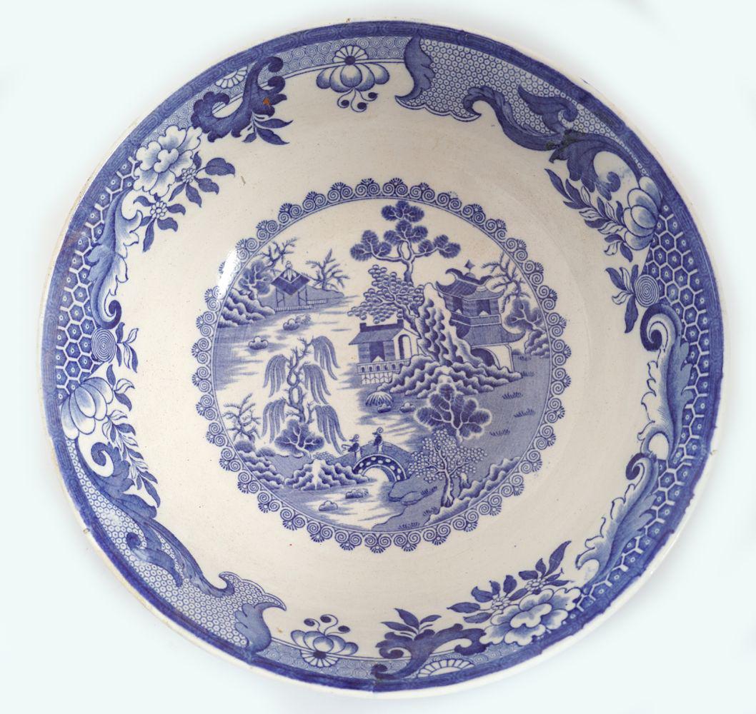 MASON'S IRONSTONE BOWL: blue and white of conical form 10 cm. high; 28 cm. diameter