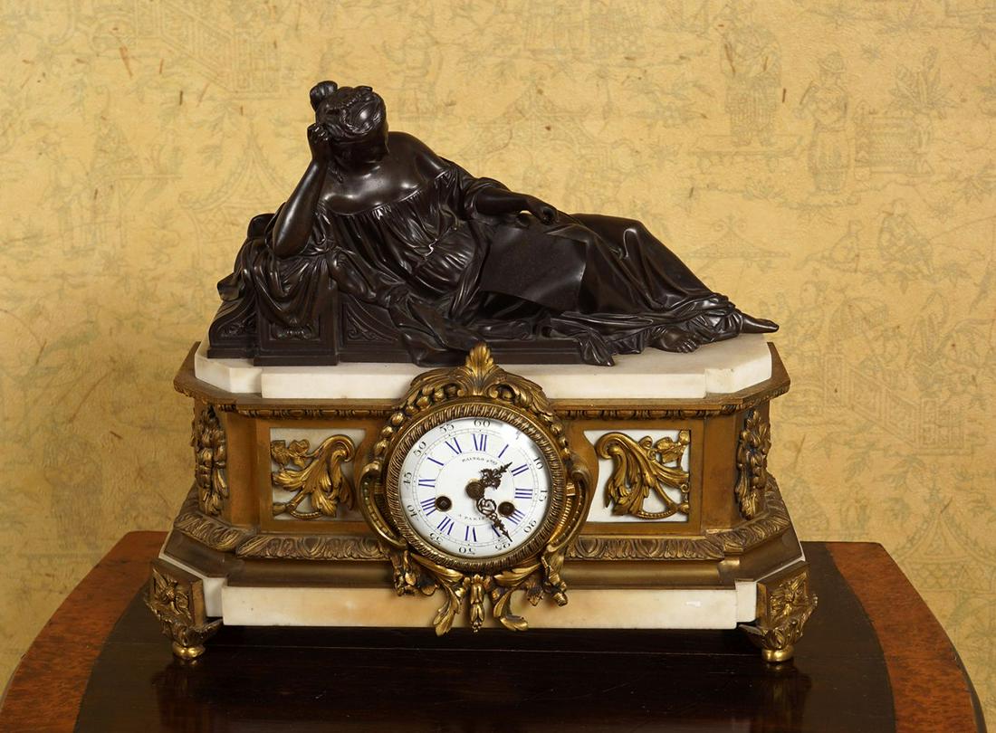 19TH-CENTURY MARBLE, ORMOLU & BRONZE MANTLE CLOCK (1 of 7)