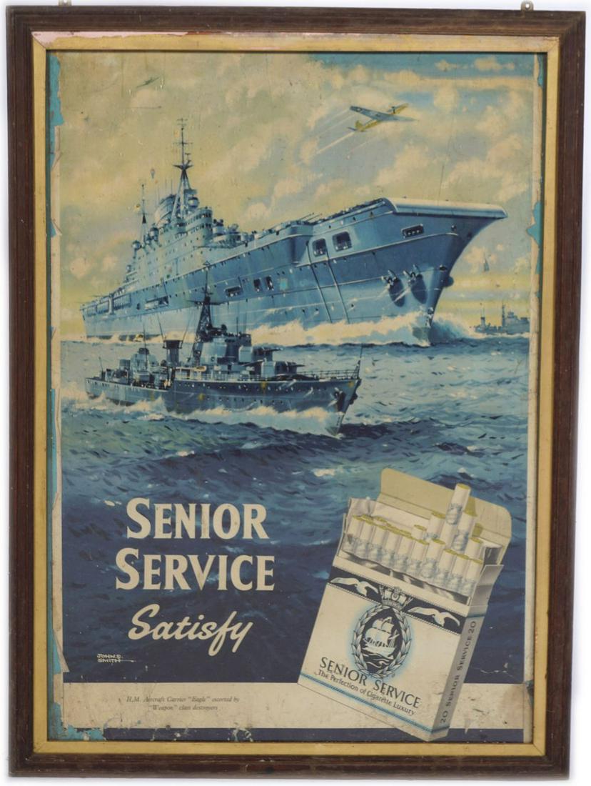 ORIGINAL VINTAGE POSTER: Senior Service Satisfy, H.M.S. Eagle aircraft Carrier escorted by "weapon" class destroyer. poster framed by John S. Smith 70 x 49 cm.