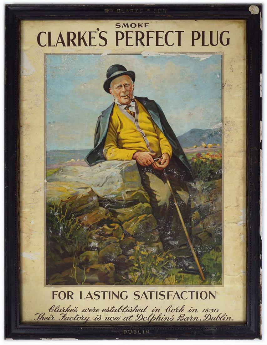 SMOKE CLARKE'S PERFECT PLUG ORIGINAL POSTER: For Lasting Satisfaction', poster laid on cardboard depicting an elderly man in an Irish landscape, framed (frame impressed W.H. Clarke & Son, Dublin) 49 x 36 cm.