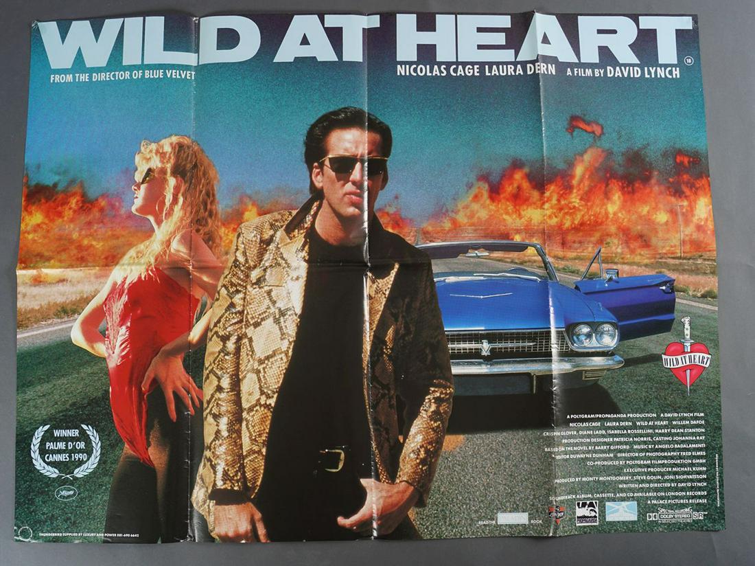 WILD AT HEART: 1990 Quad poster, Dir. David Lynch, Elvis fan Nicolas Cage, Laura Dern, Willem Dafoe, Ford Thunderbird 76.2 x 101.6 cm.