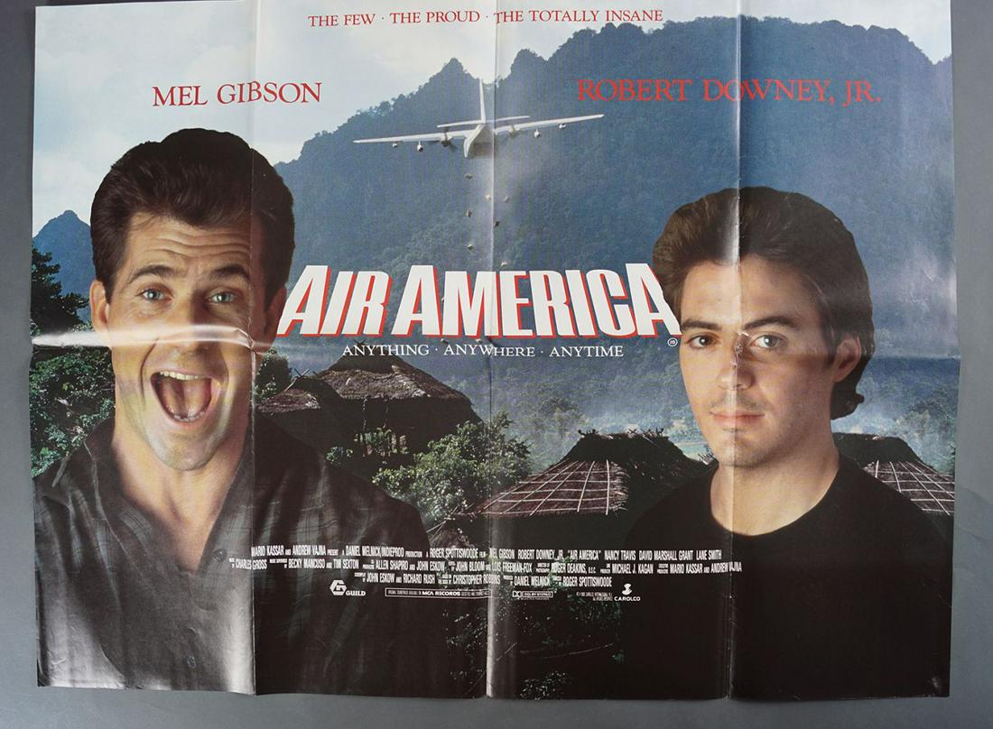 AIR AMERICA: 1990 Quad poster, folded, double sided. Starring Mel Gibson, Robert Downey Jr., Nancy Travis, Ken Jenkins, David Marshall Grant, Lane Smith. 76.2 x 101.6 cm.