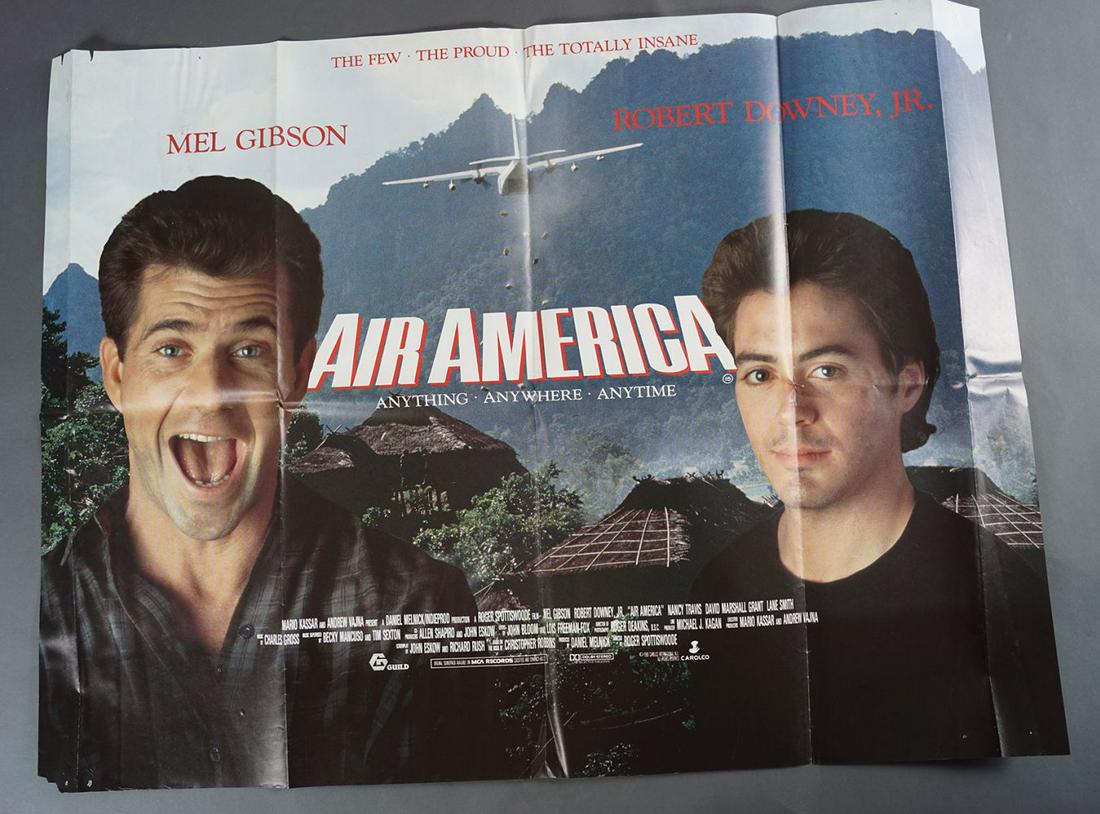 AIR AMERICA: 1990 Quad poster, folded, double sided. Starring Mel Gibson, Robert Downey Jr., Nancy Travis, Ken Jenkins, David Marshall Grant, Lane Smith. 76.2 x 101.6 cm.