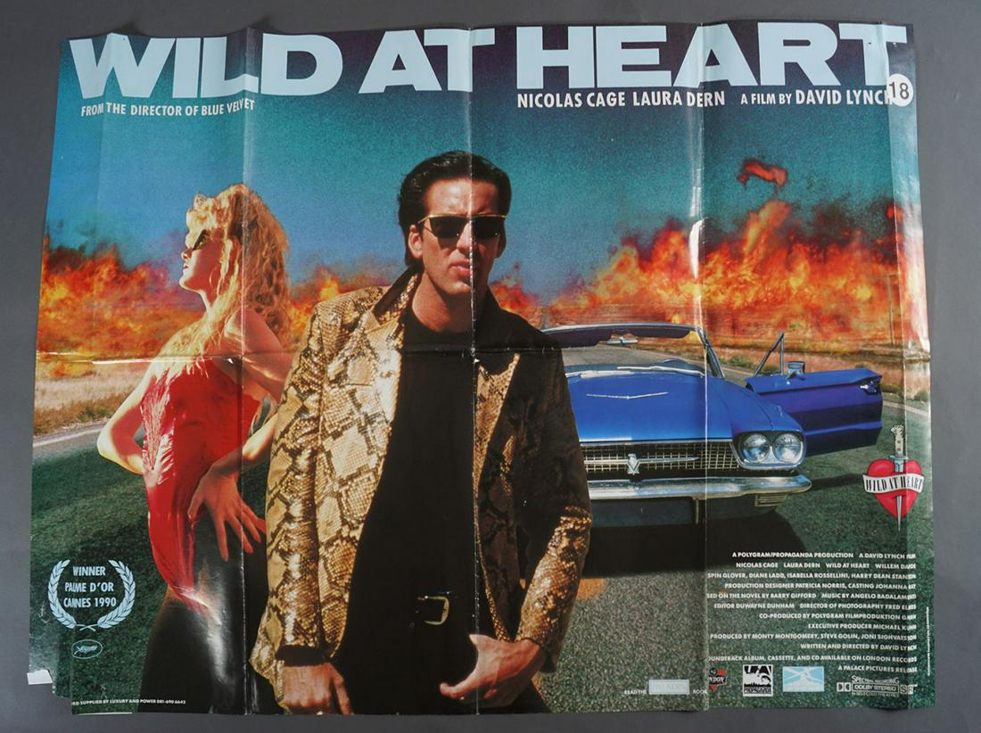WILD AT HEART: 1990 Quad poster, Dir. David Lynch, Elvis fan Nicolas Cage, Laura Dern, Willem Dafoe, Ford Thunderbird 76.2 x 101.6 cm.