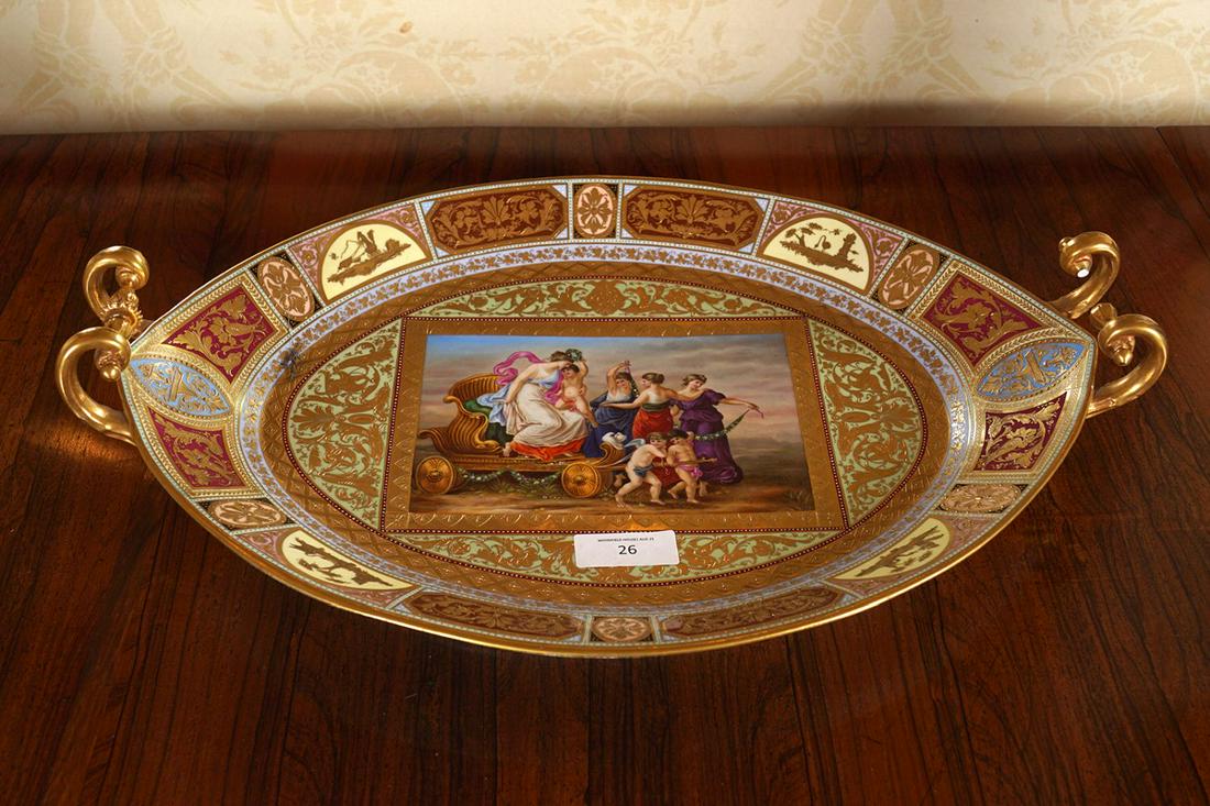 LARGE 19TH-CENTURY VIENNA TRAY: of oval parcel gilt form, with painted panel depicting the 'Triumph of Venus' 50 x 33 cm.