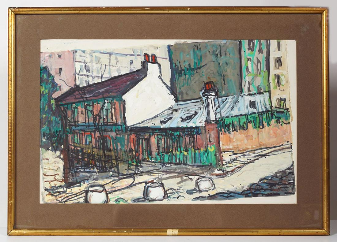 ALBERT BECUS 1900-1989: Pair of Streetscapes. Each signed. Mixed media on paper. 30 x 46 cm.
