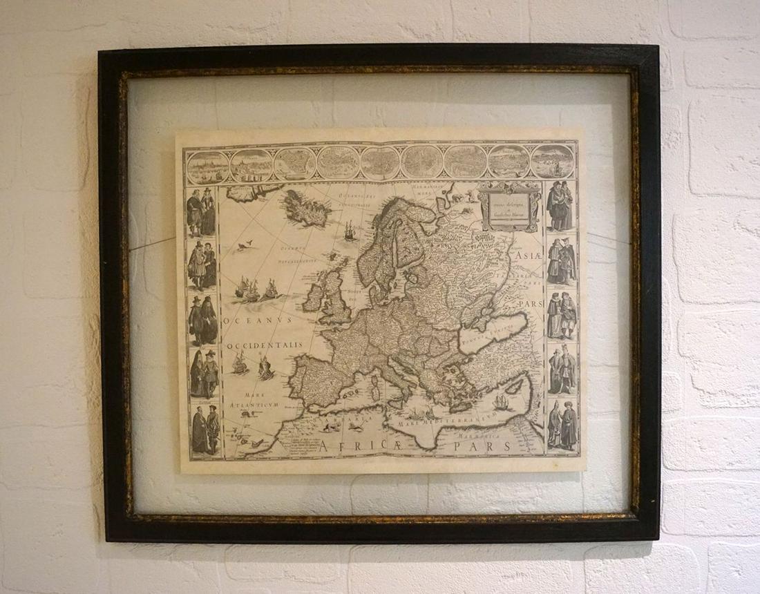 AFTER WILLEM BLAEU AND HENRICUS HONDIUS: Set of 4 maps. Italy, Brittania and Hibernia. New World map of Europe. Each framed 30 x 37 cm.