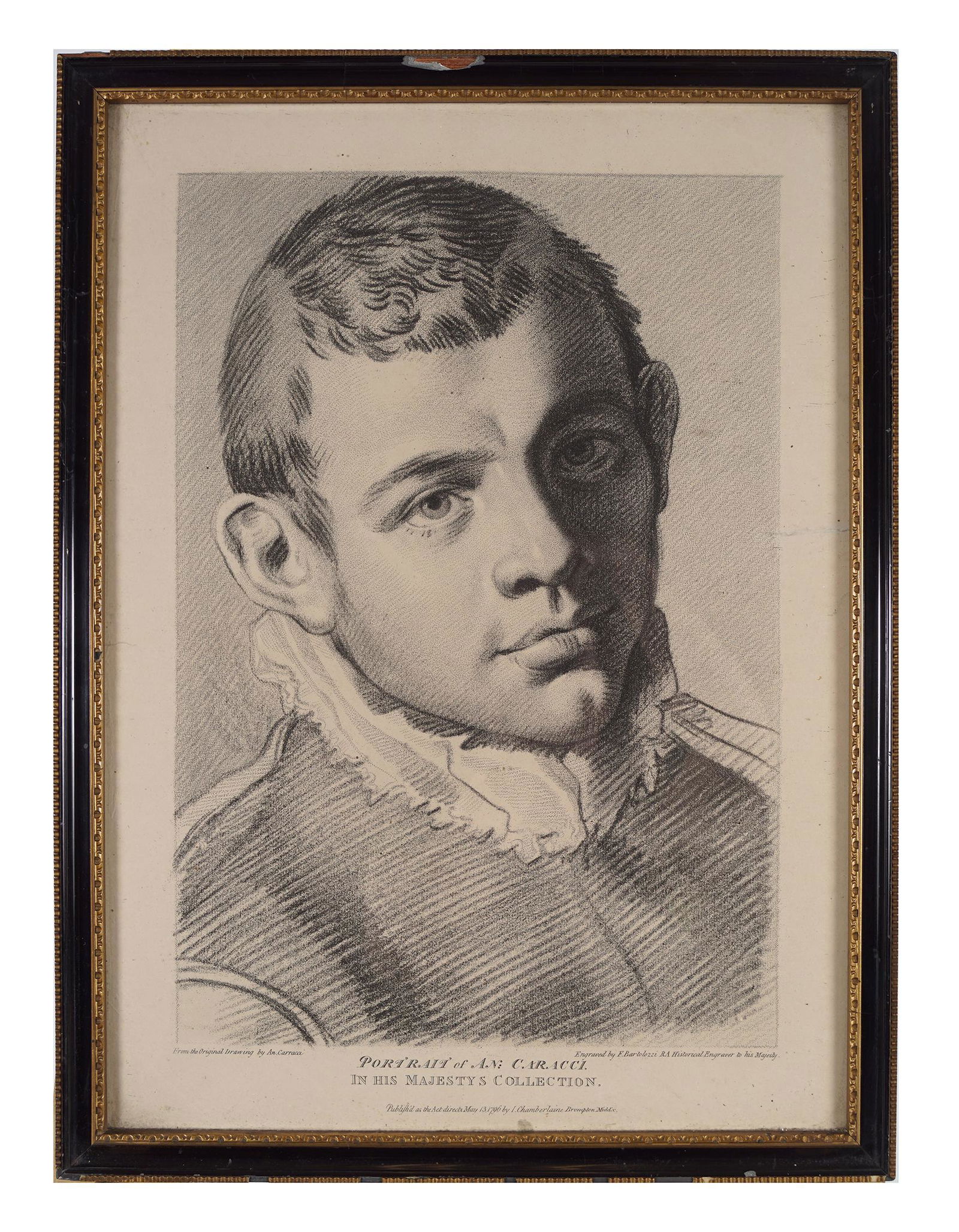 18TH-CENTURY FRANCESCO BARTOLOZZI ENGRAVING: Self portrait, Annibale Carracci. Enclosed in a Hogarth frame. 45 x 32 cm.