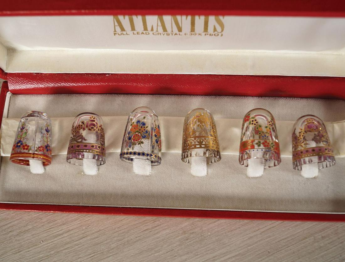 SET OF ATLANTIS ENAMELLED CRYSTAL SHOT GLASSES: Cased. 3 cm. high