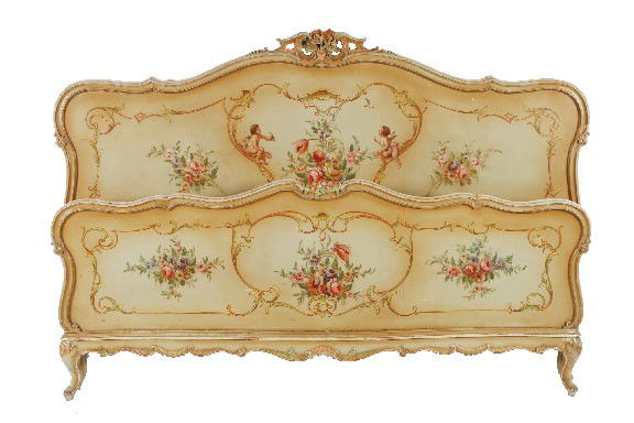 Large king-size Louis XV style painted bed head: Large King-size Louis XV style painted bed head,decorated with floral sprays and cherubs Size: 184 cms. wide