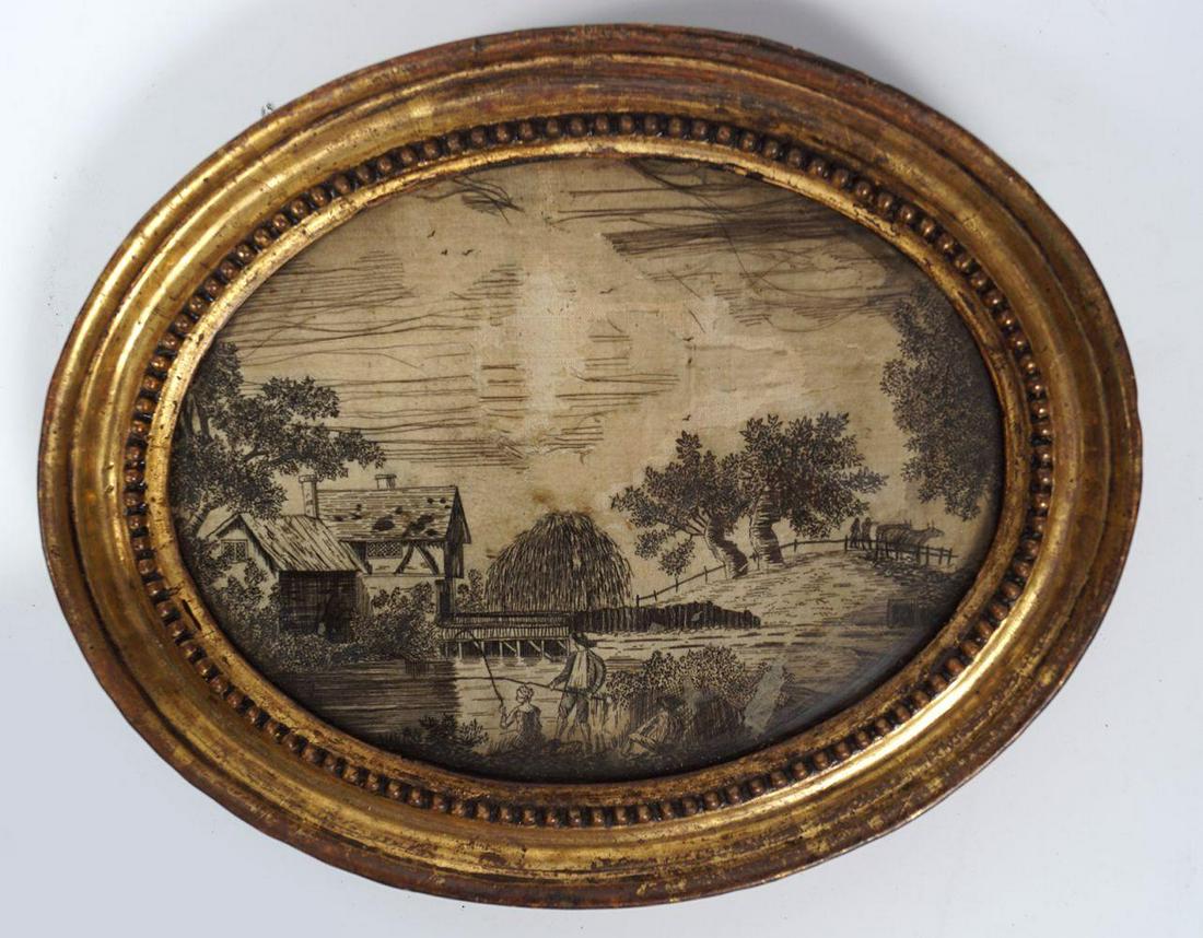 PR GEORGE III OVALS: Each a print work on silk, in black and white, depicting figures fishing. In an oval gilt frame. 14 x 20 cm.