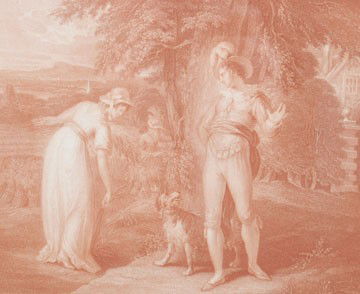 Francesco Bartolozzi, 1727 - 1815: Francesco Bartolozzi, 1727 - 1815, Pair red stipple engravings, Romantic country scene, Romantic country scene 20 x 25 cms.