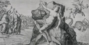 Annibale Carracci: Annibale Carracci, Perseus saves Andomeda from the sea master, Copper plated engraving circa 1700 28 x 53 cms.
