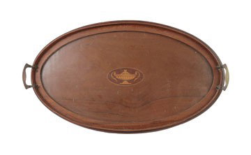 Edwardian mahogany and urn inlaid tray: Edwardian mahogany and urn inlaid tray, with brass carrying handles 60 x 35 cms.