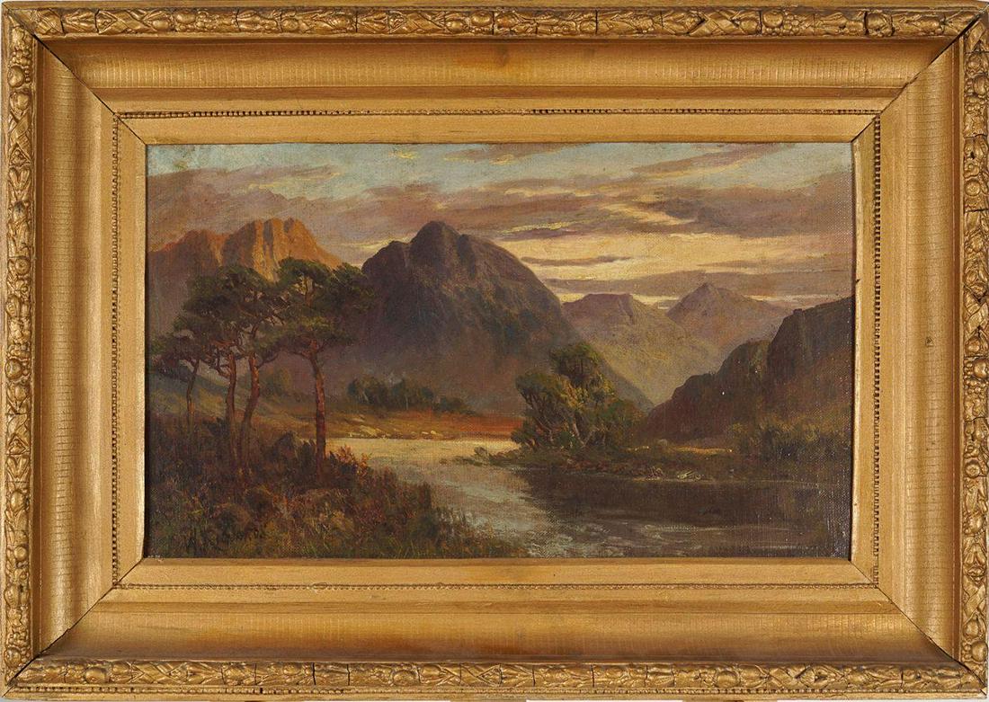 FRANCIS E JAMIESON: Extensive mountain landscape. Oil on canvas. 39 x 49 cm.