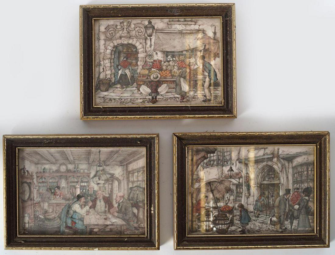 AFTER ANTON PIECK: Group of 3 genre scenes, each a print. Framed. 10 x 15 cm.