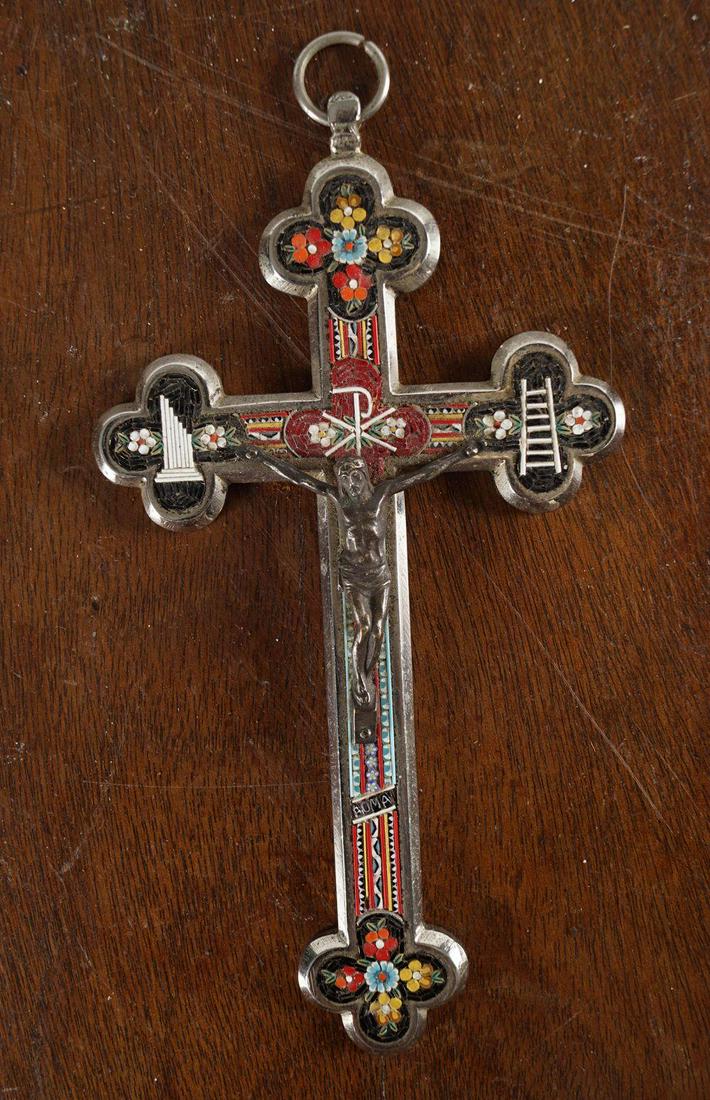 EDWARDIAN CHROME AND ENAMELLED CRUCIFIX: with polychrome decoration. 17 cm. high