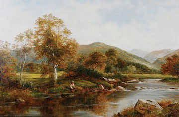 David Bates: David Bates,Fishing by the river,Oil on canvas 60 - 90 cms.