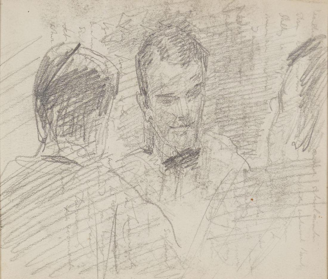 JOHN BUTLER YEATS R.H.A. (1839 - 1922): The Card Game with Jack Butler Yeats. Additional sketch of a lady verso. Provenance: From the Artist's Sketchbooks, Yeats Family Collection. 11.5 x 16 cm.