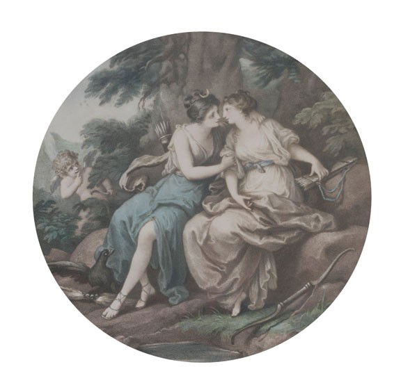 Francesco Bartolozzi: Francesco Bartolozzi,After Angelica Kaufmann,Jupiter and Calista,Engraving enclosed in a circular gilt frame 28 cm. diameter