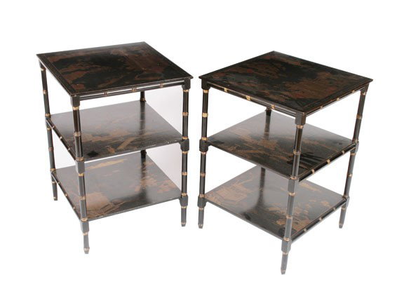 Pair Edwardian lacquered two tier tables: Pair Edwardian lacquered two tier tables,each of square form, raised on turned pillars, with Chinoiserie decoration 60 cm. square