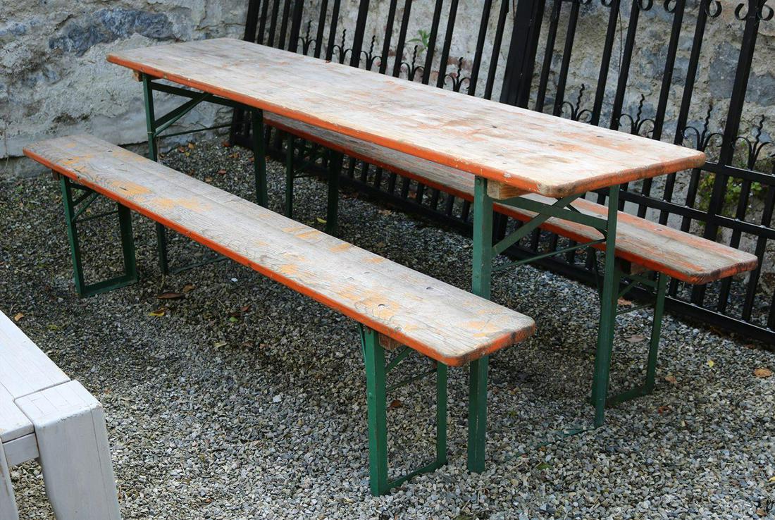 WOODEN GARDEN TABLE: and 2 benches. Table: 220 x 50 cm.