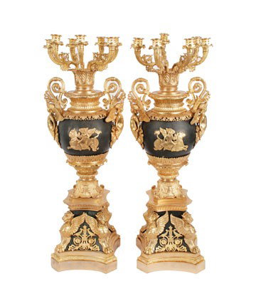 Pair large Russian ormolu and marble candelabrae: Pair large Russian ormolu and marble candelabrae,each of six scroll arm lights, raised on a cherub mounted baluster stem and square supported plinth 75 cm. high