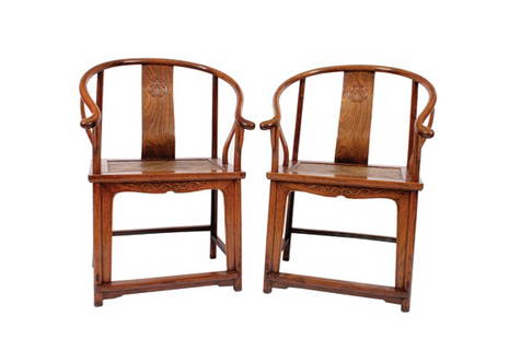 Pair eighteenth/nineteenth-century Chinese Zitan: Pair eighteenth/nineteenth-century Chinese Zitan hooped backed ceremonial chairs,each with a rattan seat, raised on square legs, joined by stretcher rails