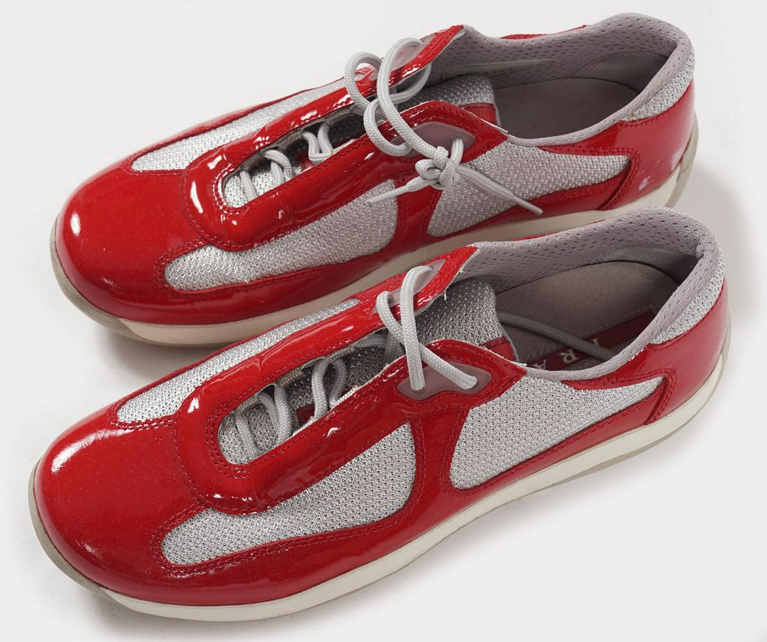 TRAINERS BY PRADA: Red patent & Silver knit trainers with silver laces EU37 / UK4