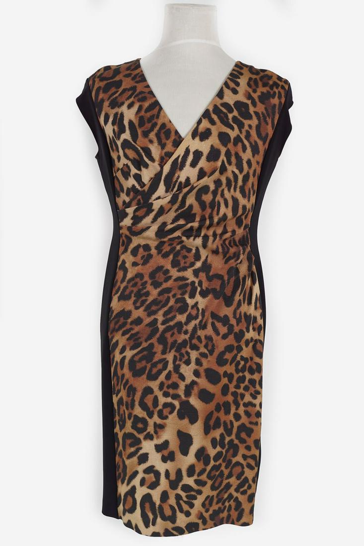 LEOPARD PRINT SHIFT DRESS BY ESCADA: Sleeveless pencil dress with ruched front & v neckline - solid black trim to sides EU42/UK14
