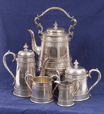 Important five piece Sheffield tea and coffee serv: Important five piece Sheffield tea and coffee service, Comprising; spirit kettle on stand, tea pot, coffee pot, cream jug and sugar bowl