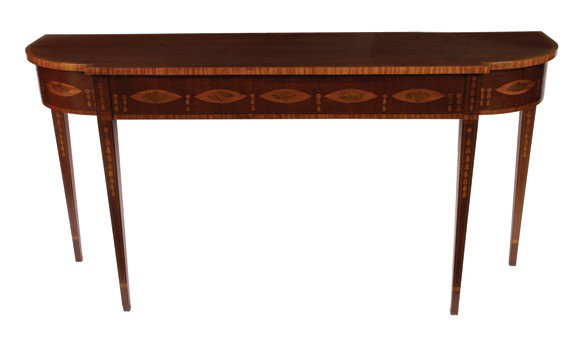 Pair of Edwardian period Dublin mahogany and satin: Pair of Edwardian period Dublin mahogany and satinwood and marquetry side tables Size: 180 cm. wide