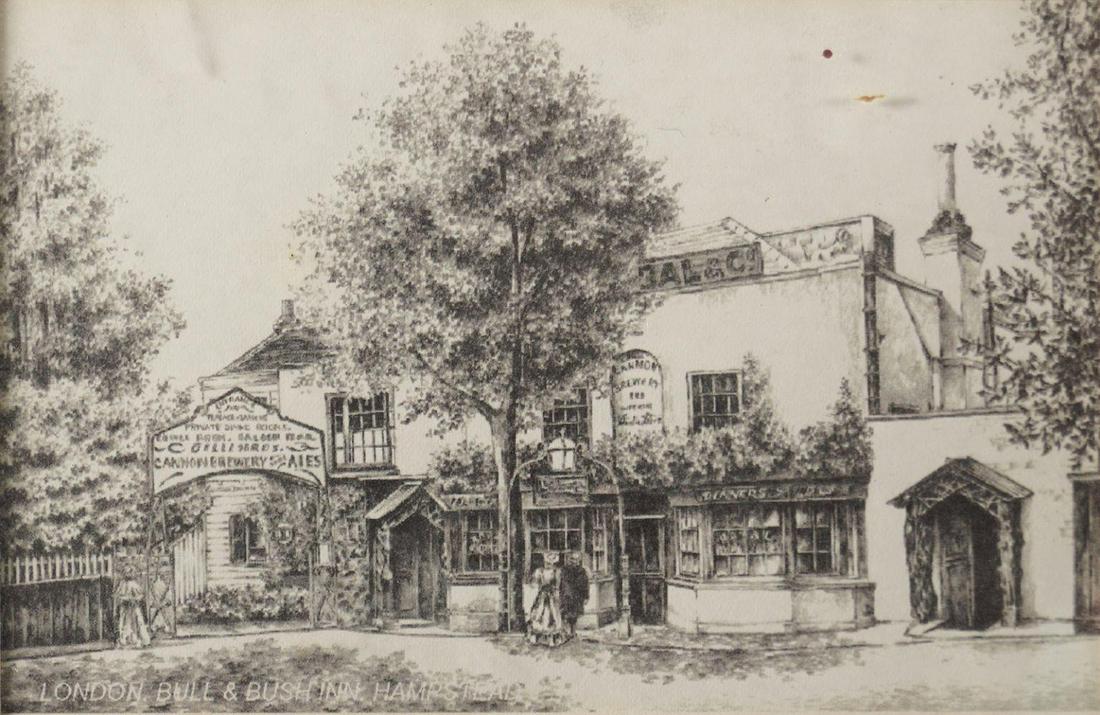 PAIR OF PRINTS: London Bull and Bush Inn. Each framed. Image size: 17 x 22 cm.