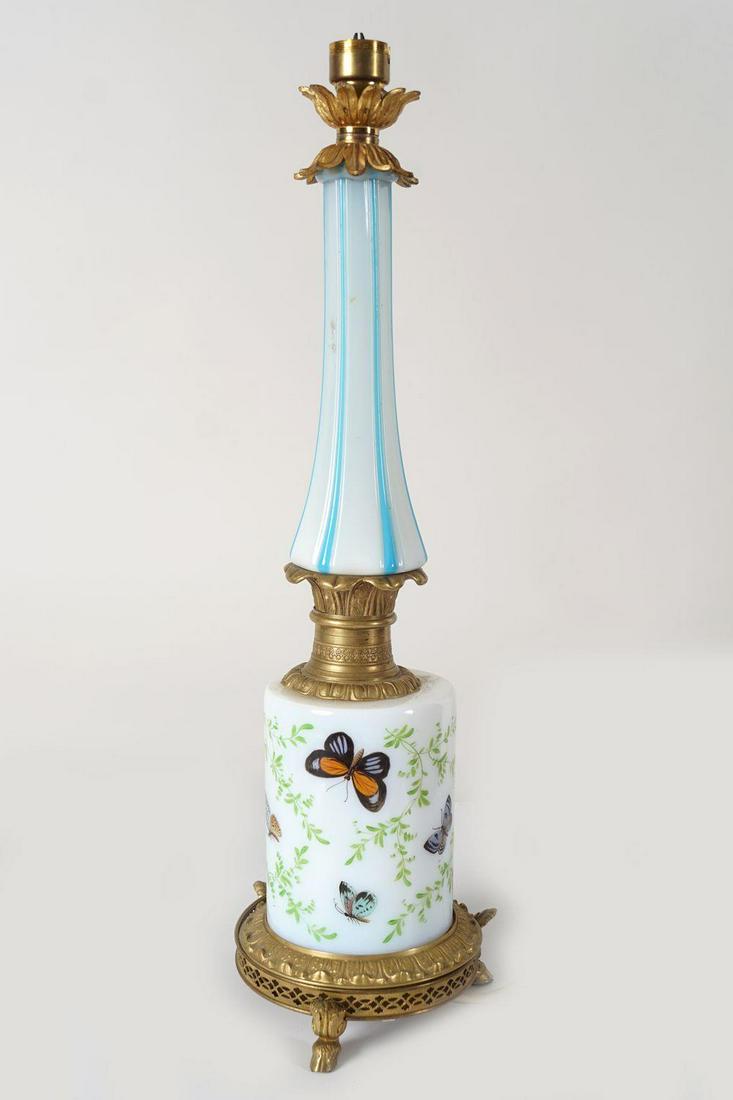 ORMOLU & GLASS STEMMED TABLE LAMP: with painted butterfly decoration. 50 cm. high