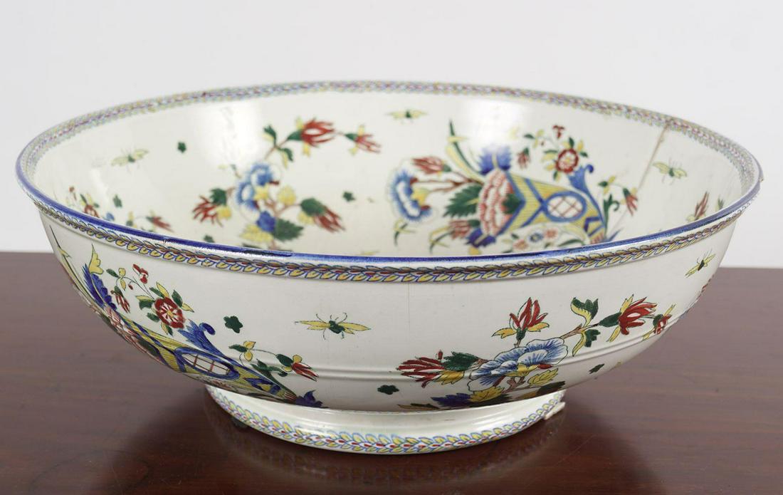 LARGE GIEN POTTERY BOWL: with ornithological decoration. 13 cm. high; 36 cm. diameter