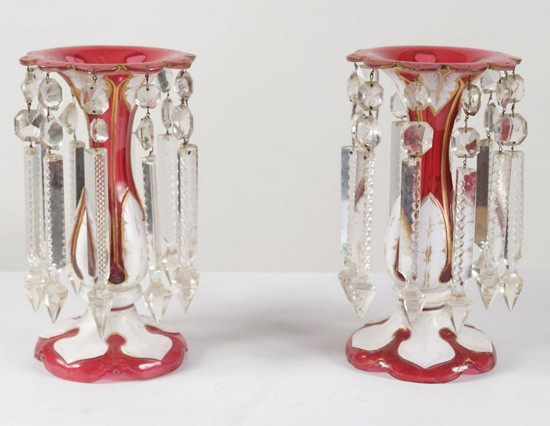 PAIR 19TH-CENTURY OVERLAY GLASS EPERGNES: each hung with crystal prisms.30 cm. high