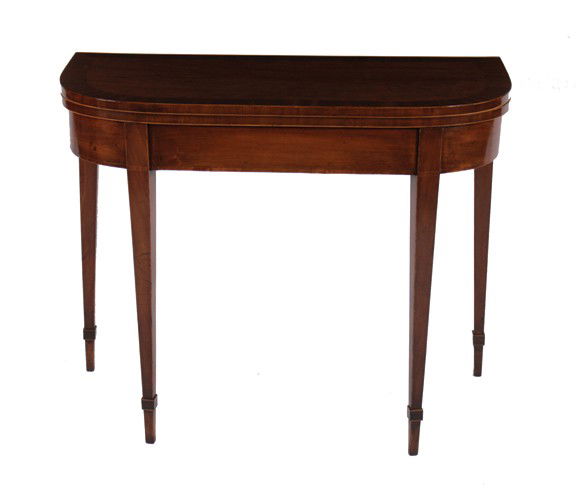 George III elliptical mahogany and boxwood inlaid card: George III period elliptical mahogany and boxwood inlaid card table,circa 1800 Size: 90 cm. wide