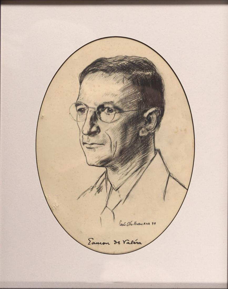 SEAN O'SULLIVAN R. H. A.: Portrait of Eamon de Valera. Charcoal sketch. Framed. Image size: 30 x 20 cm.; framed: 49 x 40 cm.(Lot 103)