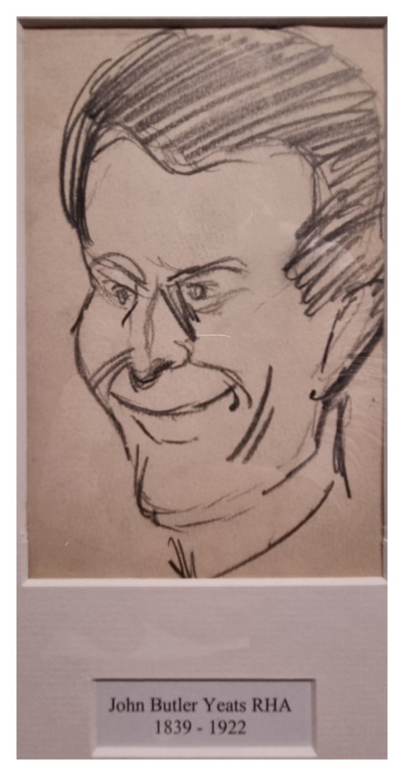 JOHN BUTLER YEATS R. H. A. (1839 - 1922): Caricature of Jack Butler Yeats. Pencil sketch. Additional sketch verso. Framed. Provenance: From the artist's sketch books Yeats Family Collection. 50.5 x 46.5 cm.(Lot 912)