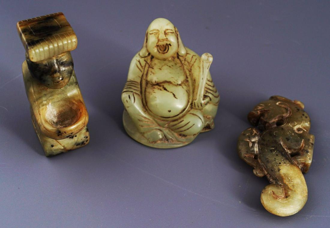 3 CHINESE JADE CARVINGS: Celadon jade buddha holding a sceptre; celadon jade figural brush washer; pendant celadon chilong dragon with offspring on its back.Provenance: The Collection of the late Dr. Jan Mohamed, Pouldrew Hou