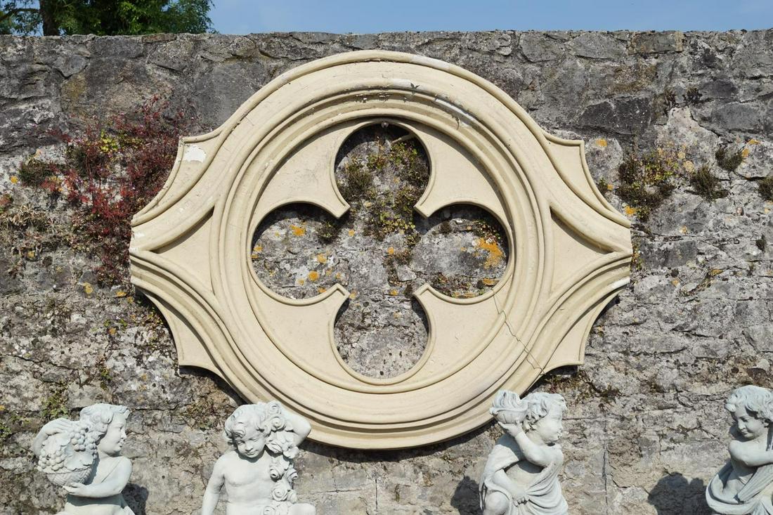 LARGE COMPOSITE GOTHIC WINDOW PANEL: Large composite Gothic window panel. 220 cm. high; 180 cm. wide Approximate Time: 10:02 Lot No: 4 Category: Garden & Decorative Objects