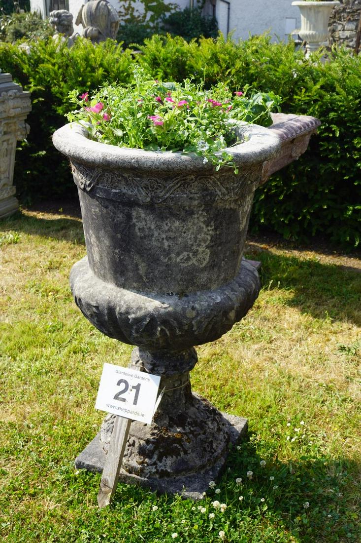 LARGE ITALIANATE STONE CENTREPIECE: of urn shape. 120 cm. high; 60 cm. wide Approximate Time: 10:18 Lot No: 21 Category: Garden & Decorative Objects