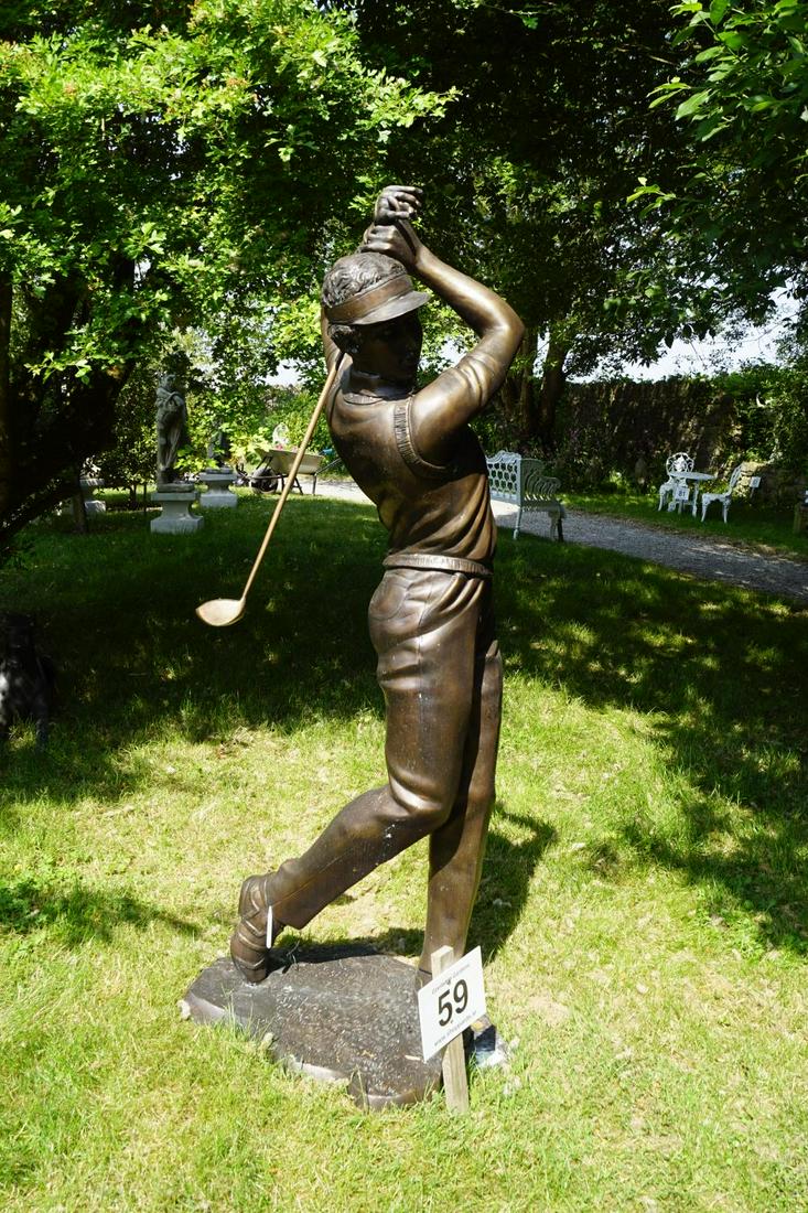 LARGE BRONZE GARDEN SCULPTURE: figure of a golfer. 200 cm. high; Approximate Time: 10:52 Lot No: 59 Category: Garden & Decorative Objects