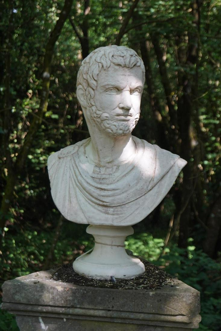 MOULDED STONE SCULPTURE: Bust of Caesar Augustus. 65 cm. high; 42 cm. wide Approximate Time: 10:59 Lot No: 67 Category: Garden & Decorative Objects