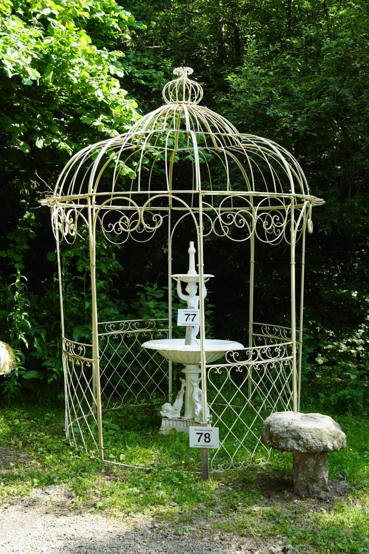 LARGE ORNATE METAL GAZEBO: with domed head above panelled sides. 300 cm. high; 217 cm. diameter Approximate Time: 11:09 Lot No: 78 Category: Garden & Decorative Objects